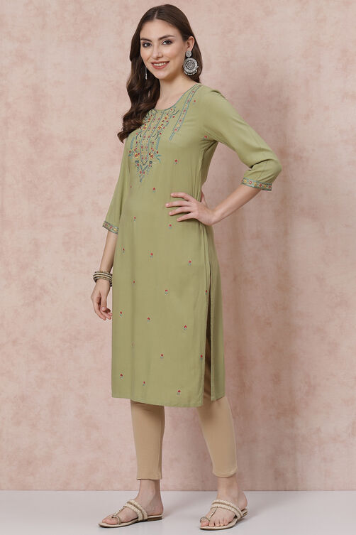 Olive Green LIVA Straight Kurta image number 0
